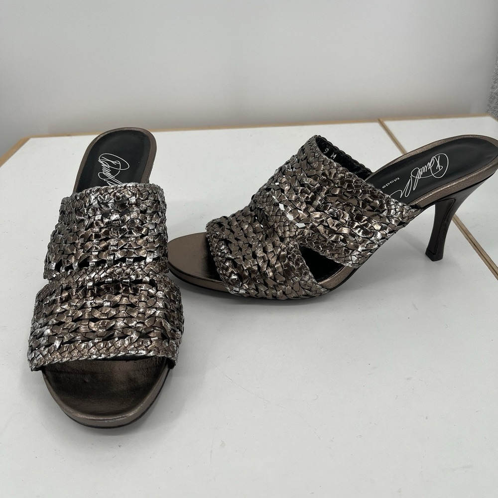 DONALD J PLINER Alita Metallic Gunmetal Woven Leather Heel‎ Sandals Size M Spain